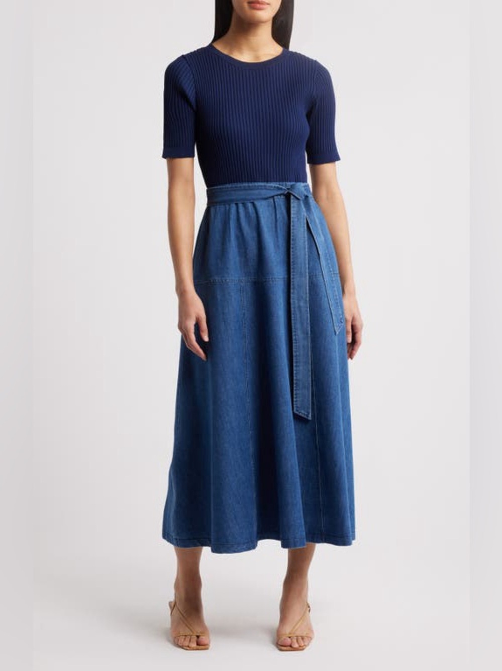 NEW Zoe and Claire Mixed Media Denim Dress Knit Contemporary NWT Twofer.   Sk22